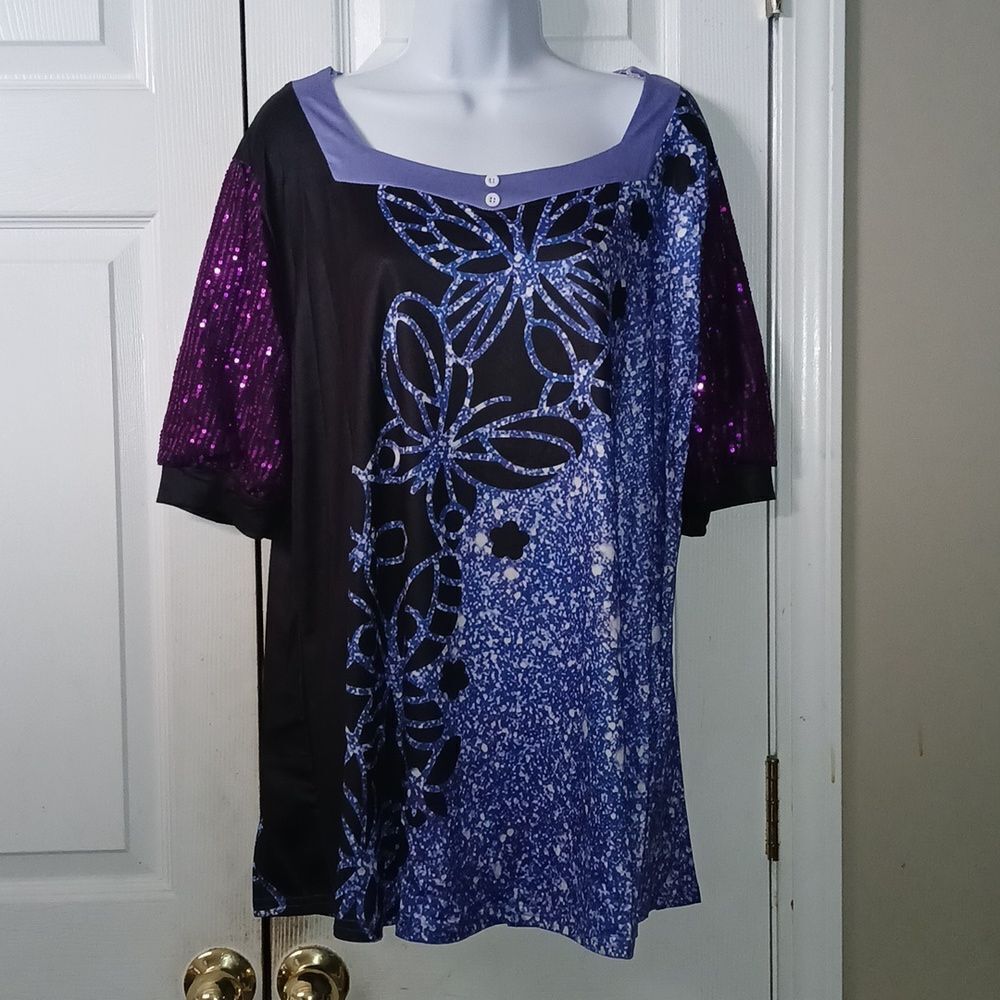 Butterflies purple black blue print shirt with sequin sleeves Sz 2X NWOT